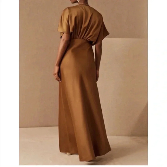 NWT Anthropologie BHLDN Amelia Deep V Satin Gown Maxi Dress Long in Rust Brown 4 - Picture 3 of 16